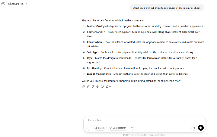A chatGPT result for the query ‘What are the most important features in black leather shoes’