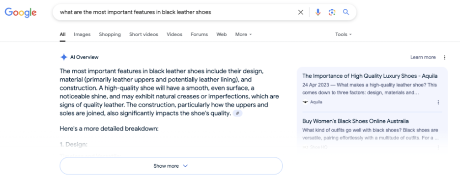 A Google - Gemini result for the query ‘What are the most important features in black leather shoes’ 